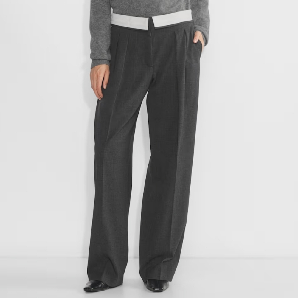 Wool twill mid-rise pleated trousers with foldover waistband